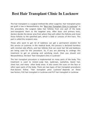 Best Hair Transplant Clinic In Lucknow