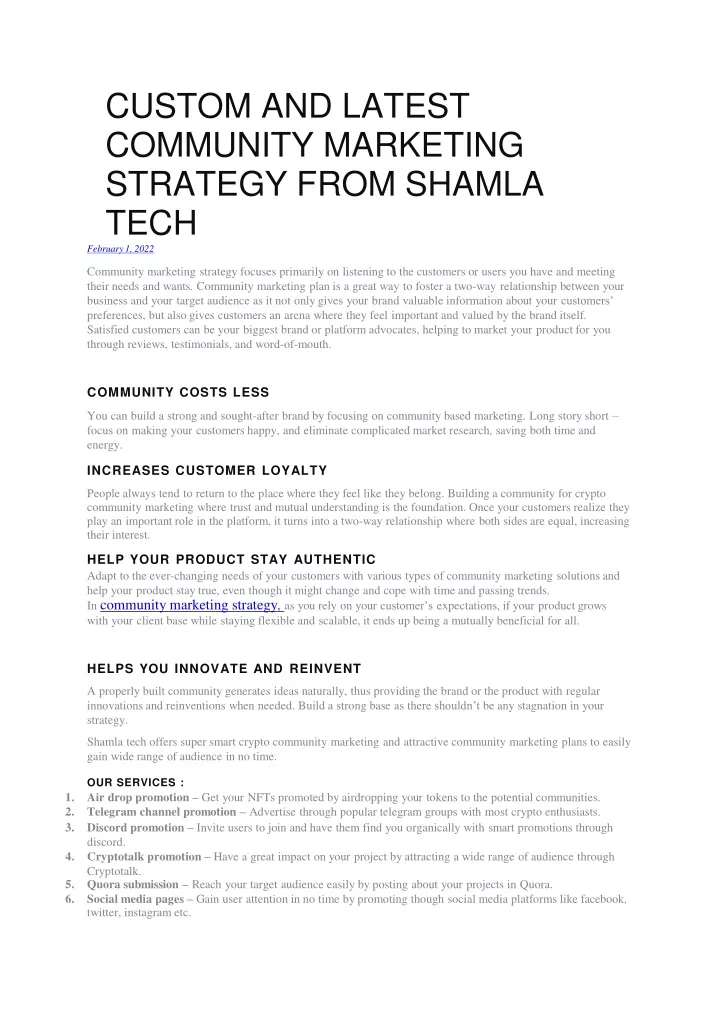 custom and latest community marketing strategy from shamla tech