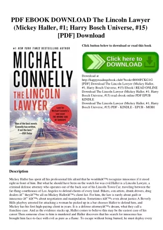 PDF EBOOK DOWNLOAD The Lincoln Lawyer (Mickey Haller  #1; Harry Bosch Universe  #15) [PDF] Download