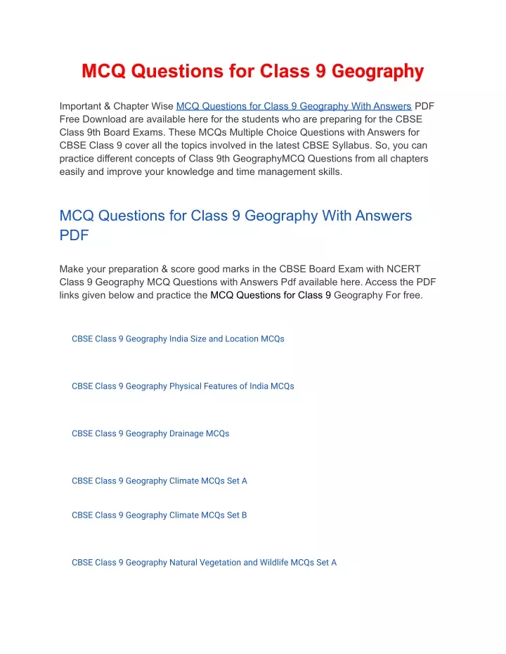 mcq questions for class 9 geography