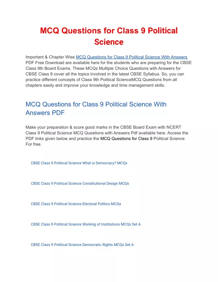 mcq questions for class 9 political science