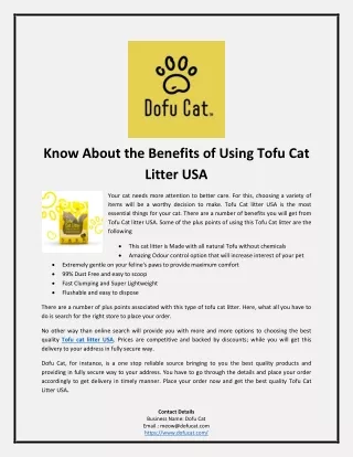 Know About the Benefits of Using Tofu Cat Litter USA