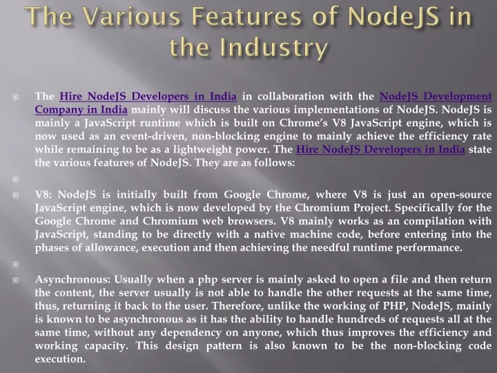 the various features of nodejs in the industry