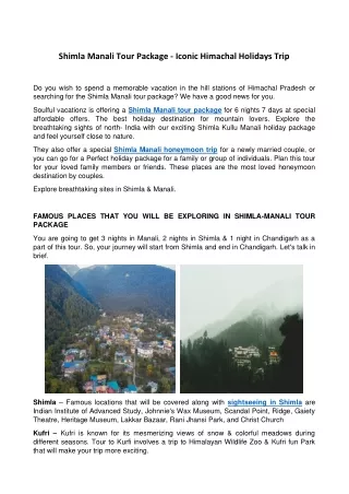 Shimla Manali Tour Package - Iconic Himachal Holidays Trip