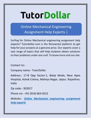 Online Mechanical Engineering Assignment Help Experts | Tutordollar.com