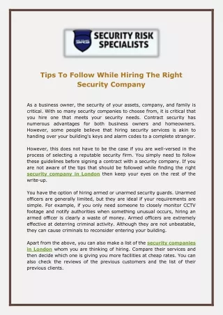 Tips To Follow While Hiring The Right Security Company