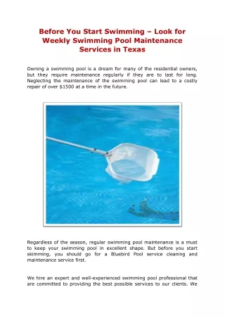 Before You Start Swimming – Look for Weekly Swimming Pool Maintenance Services in Texas