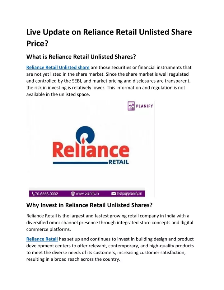 live update on reliance retail unlisted share