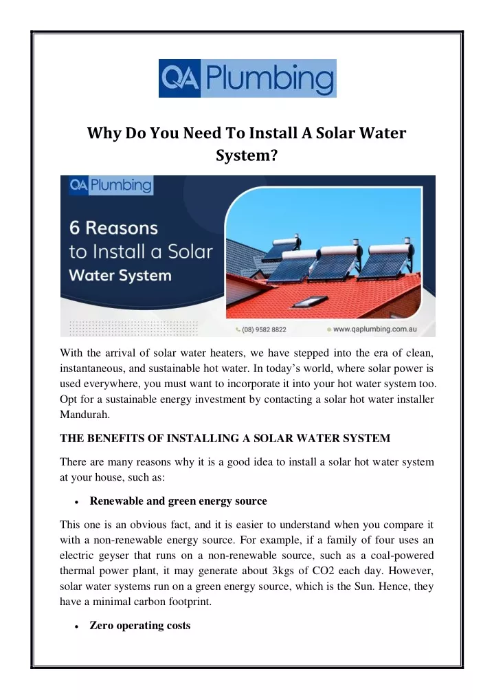 why do you need to install a solar water system