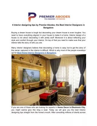 4 Interior designing tips by Premier Abodes; the Best Interior Designers in Bangalore