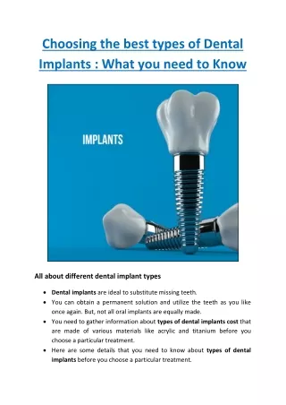Choosing the best types of Dental Implants : What you need to Know