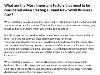 What are the Most Important Factors that need to be considered when creating a Brand New Small Business Plan