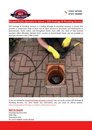 Blocked Drains Specialist in Dorset