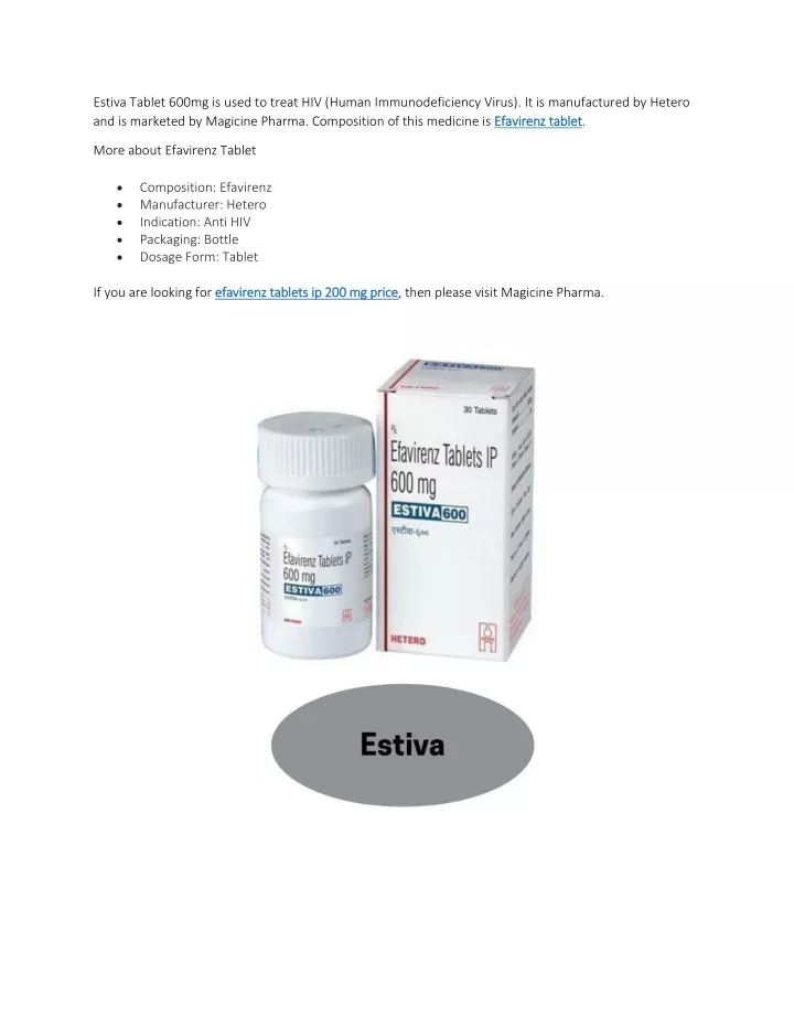 estiva tablet 600mg is used to treat hiv human