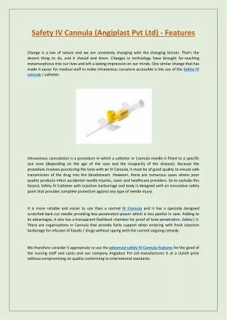 Safety IV Cannula (Angiplast Pvt Ltd) - Features