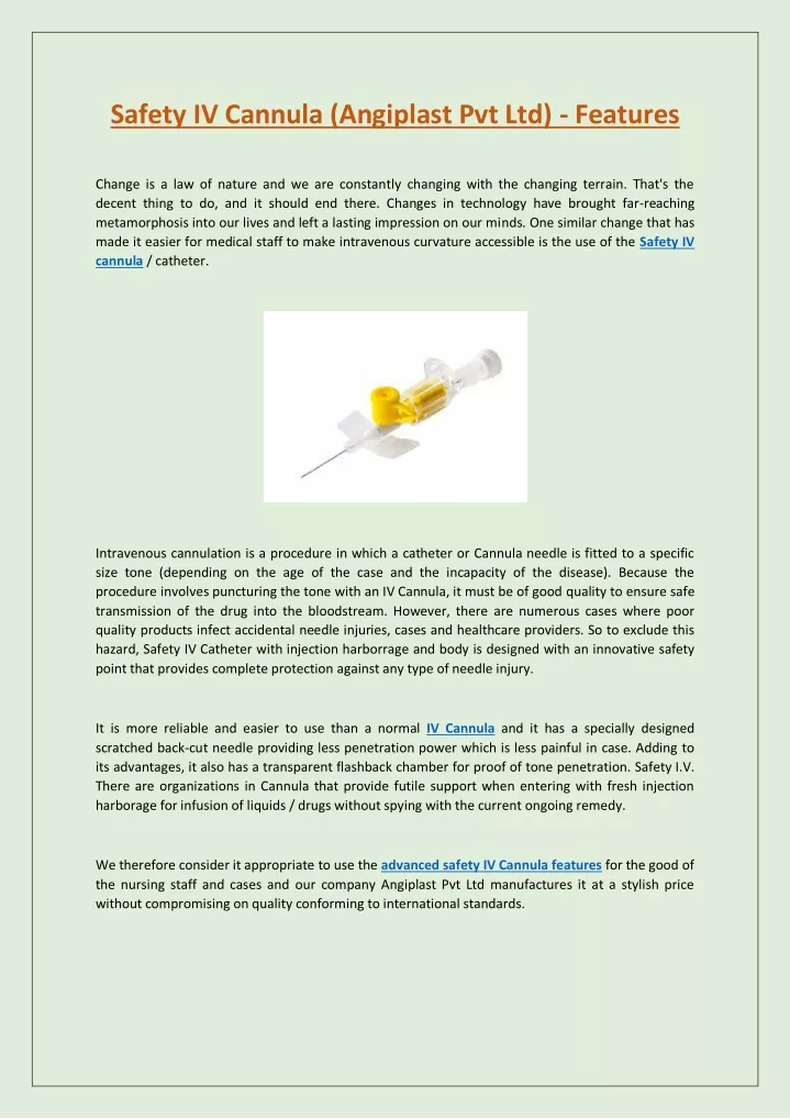 safety iv cannula angiplast pvt ltd features