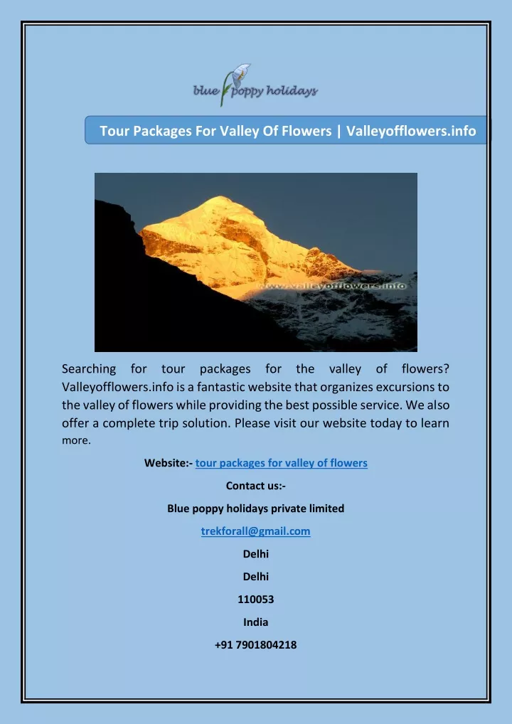 tour packages for valley of flowers