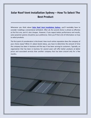 Solar Roof Vent Installation Sydney – How To Select The Best Product