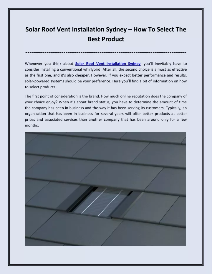 solar roof vent installation sydney how to select