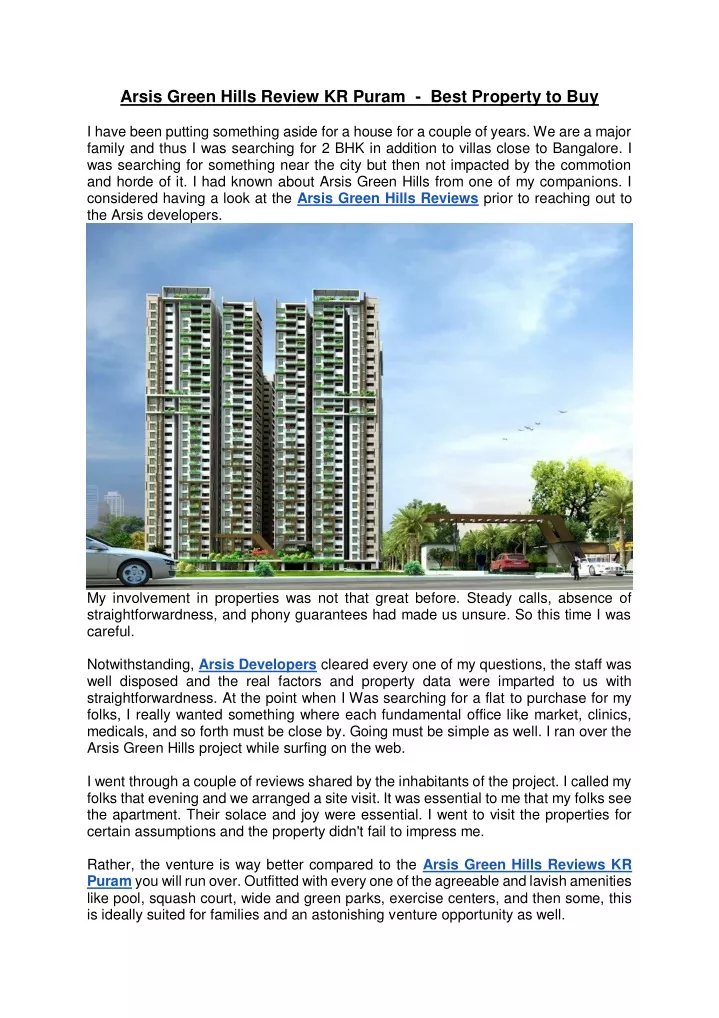 arsis green hills review kr puram best property