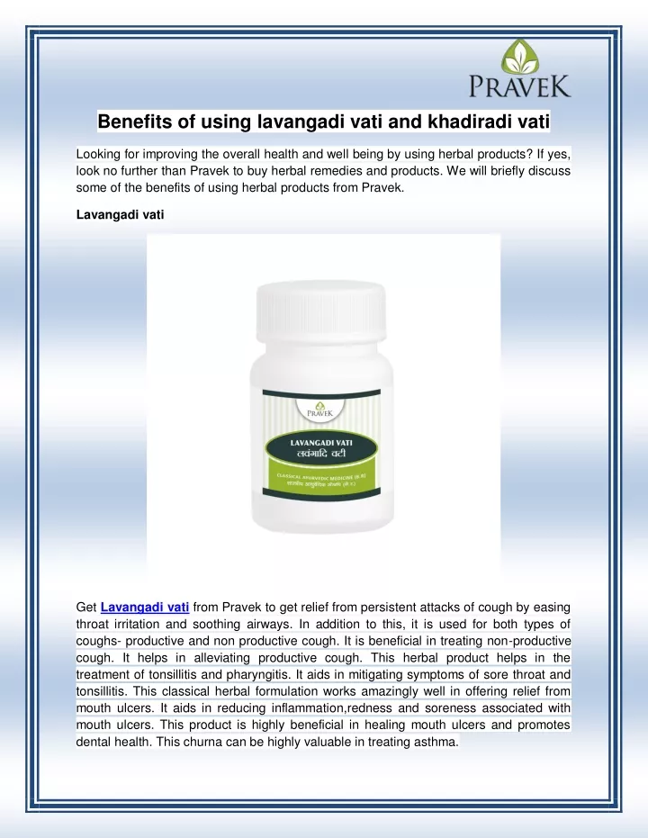 benefits of using lavangadi vati and khadiradi