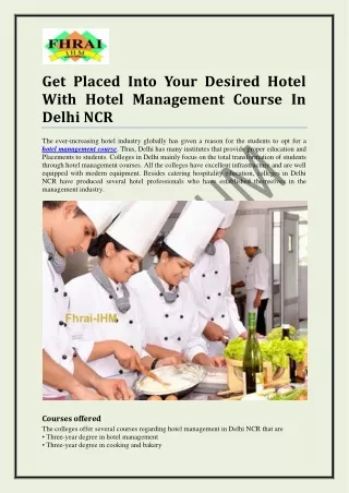Get Placed Into Your Desired Hotel With Hotel Management Course In Delhi NCR