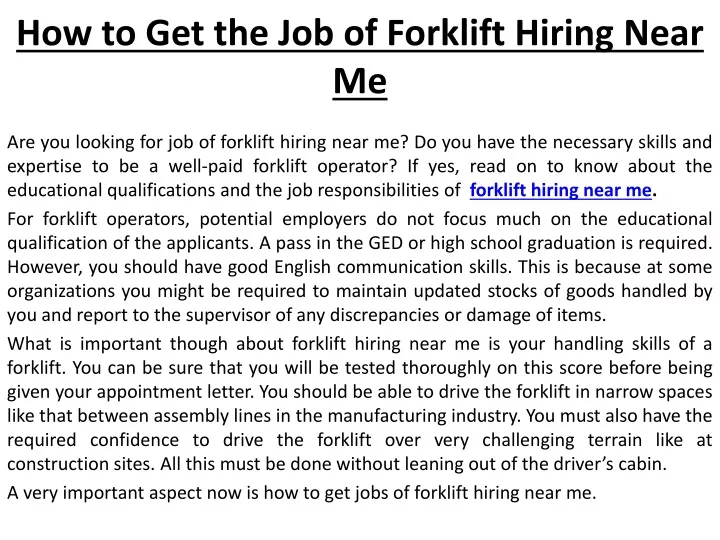 how to get the job of forklift hiring near me