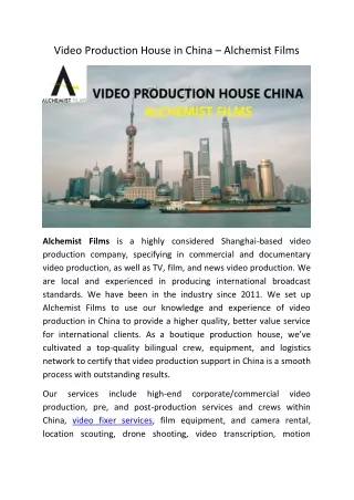 Video Production House in China - Alchemist Films
