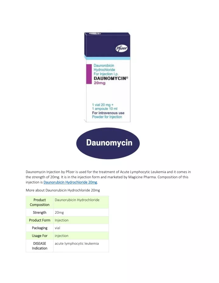 daunomycin injection by pfizer is used