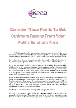 Consider These Points To Get Optimum Results From Your Public Relations Firm KPPR Events & Marketing