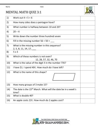 name mental math quiz 3 1