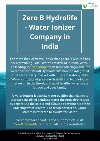 zero b hydrolife water ionizer company in india