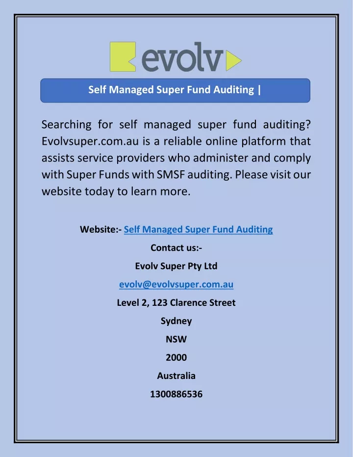 self managed super fund auditing evolvsuper com au