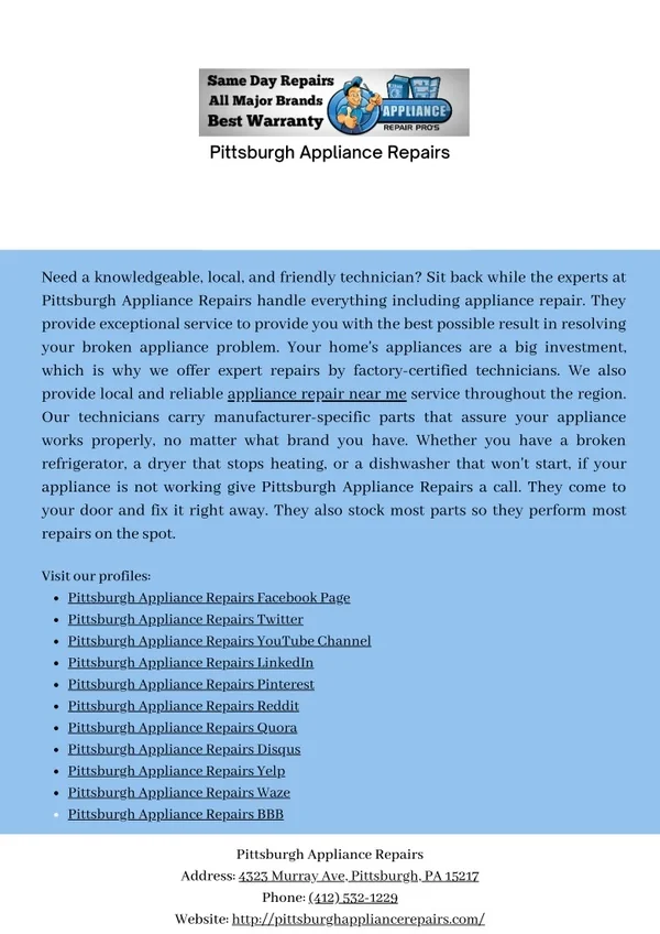 Pittsburgh Appliance Repairs as appliance repair near me service in Pittsburgh