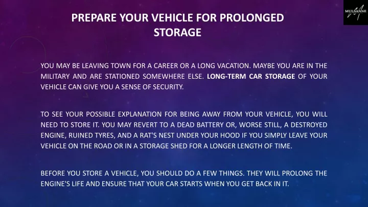 prepare your vehicle for prolonged storage