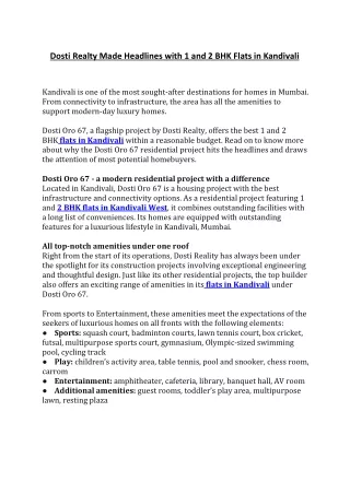Dosti Realty Made Headlines with 1 and 2 BHK Flats in Kandivali