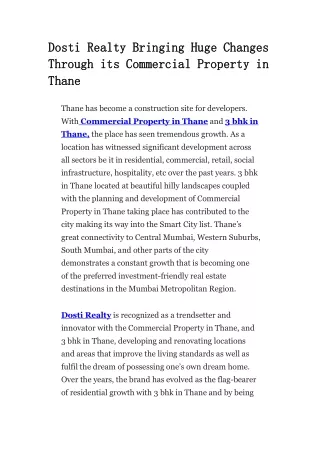 Dosti Realty Bringing Huge Changes Through its Commercial Property in Thane