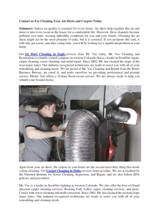 Contact us For Cleaning Your Air Ducts and Carpets Today