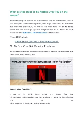 What are the steps to fix Netflix Error 100 on the screen?