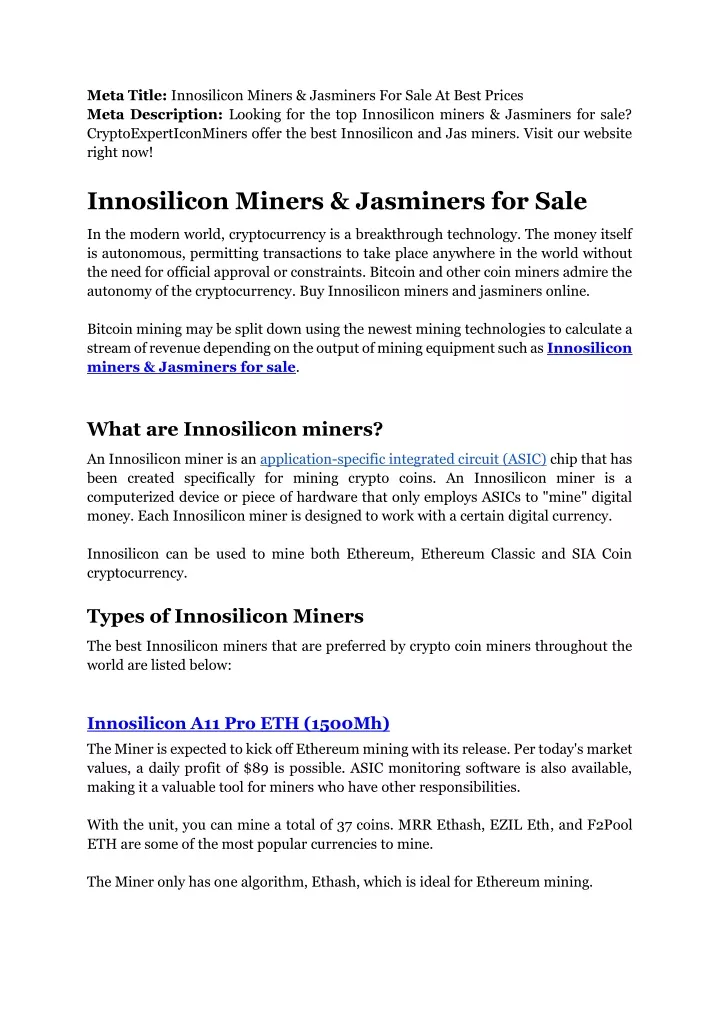 meta title innosilicon miners jasminers for sale