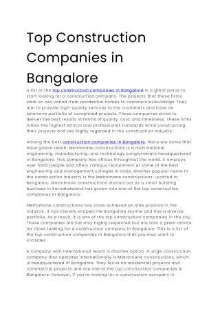 Top Construction Companies in Bangalore