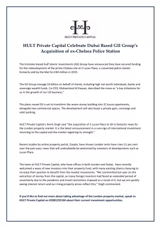 HULT Private Capital Celebrate Dubai Based GII Group’s Acquisition of ex-Chelsea Police Station