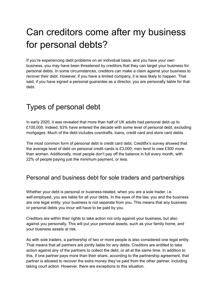 can creditors come after my business for personal