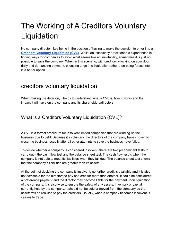 PPT - The Working Of A Creditors Voluntary Liquidation PowerPoint ...