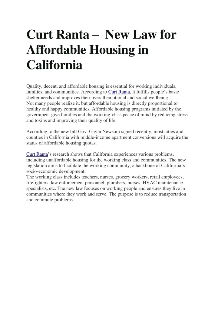 curt ranta new law for affordable housing