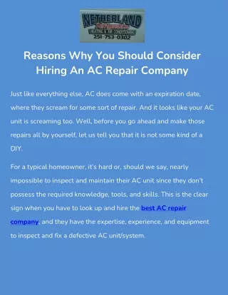 Why You Should Consider Hiring An AC Repair Company | Netherland Air Conditionin