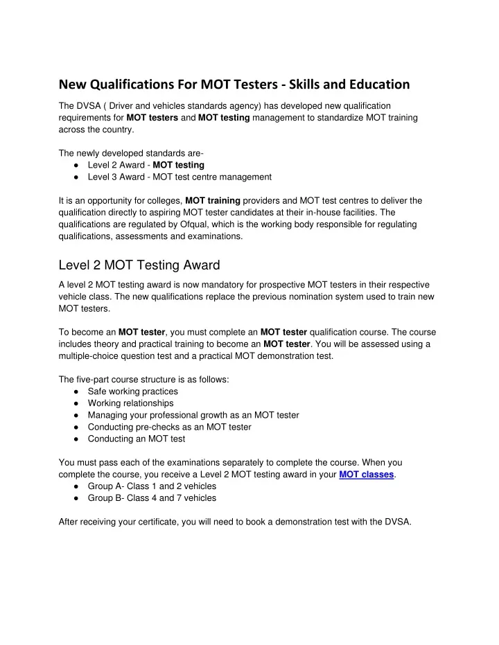 new qualifications for mot testers skills