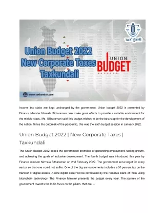 Union Budget 2022, New Corporate Taxes, Taxkundali