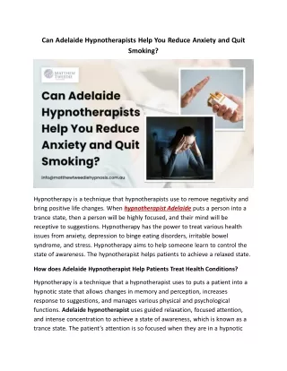 Can Adelaide Hypnotherapists Help You Reduce Anxiety and Quit Smoking?