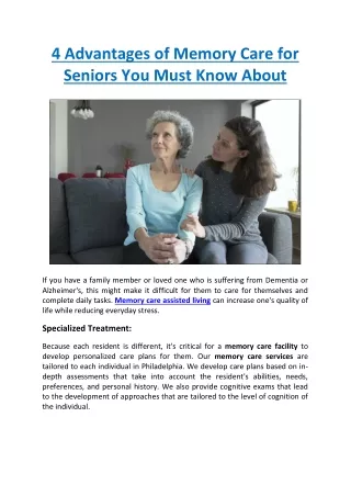 4 Advantages of Memory Care for Seniors You Must Know About